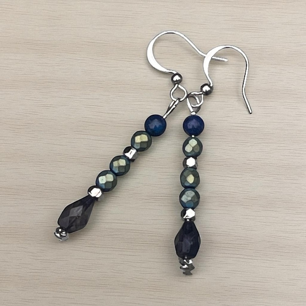 Handcrafted hematite, iolite & lapis Beaded Earrings - Picture 5 of 11